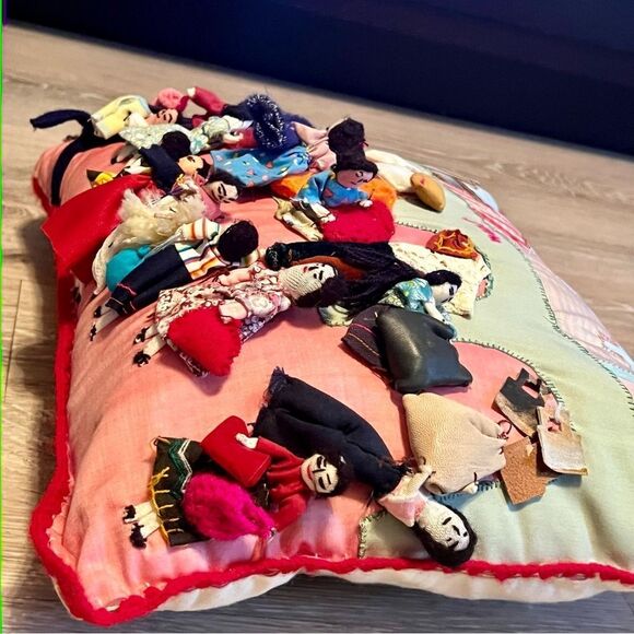 Vintage Peruvian Arpillera Feria 3D Folk Art Handmade Tapestry Pillow Crochet - Picture 12 of 16